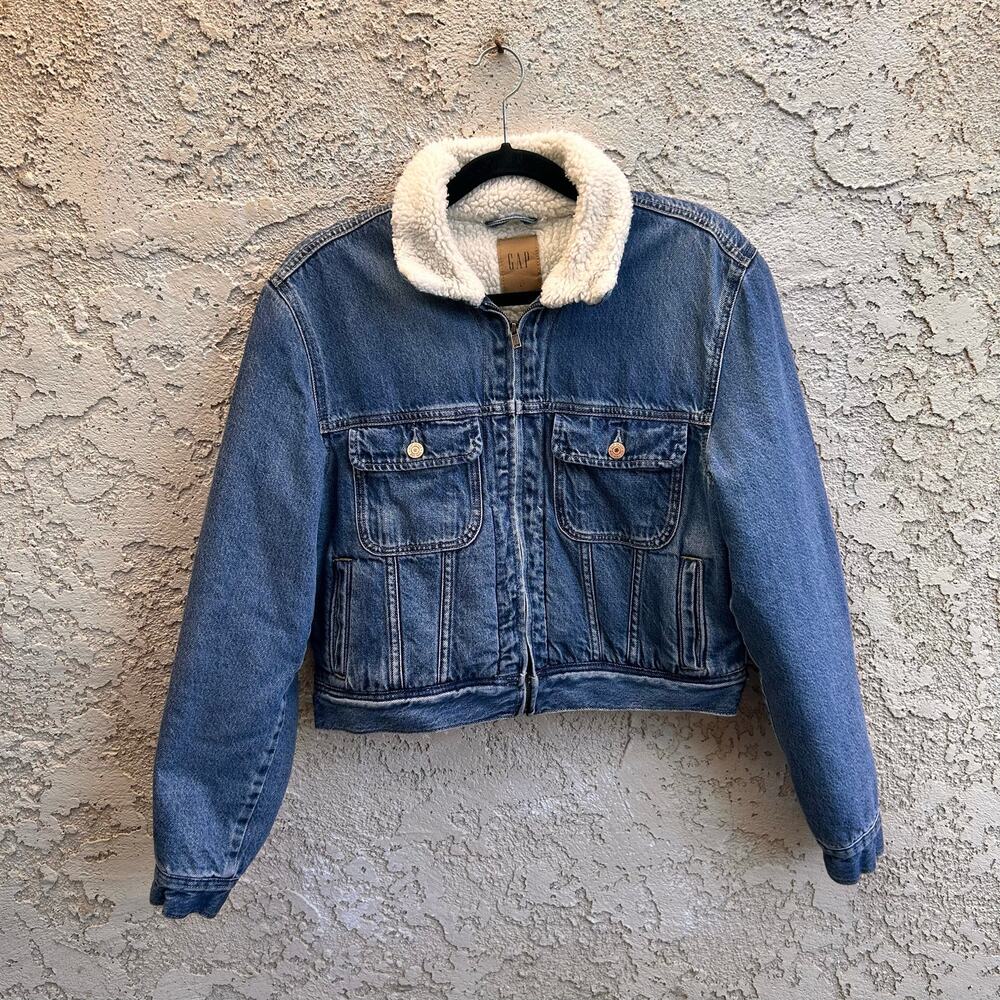 Gap Sherpa Lined Cropped Denim Trucker Jacket Blue Women’s L Tall